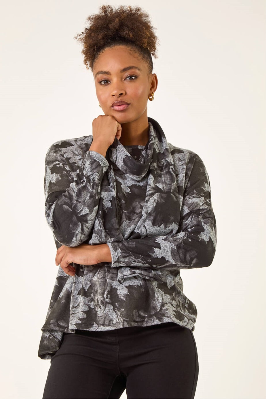 Roman Grey Printed Scarf Tunic Stretch Top