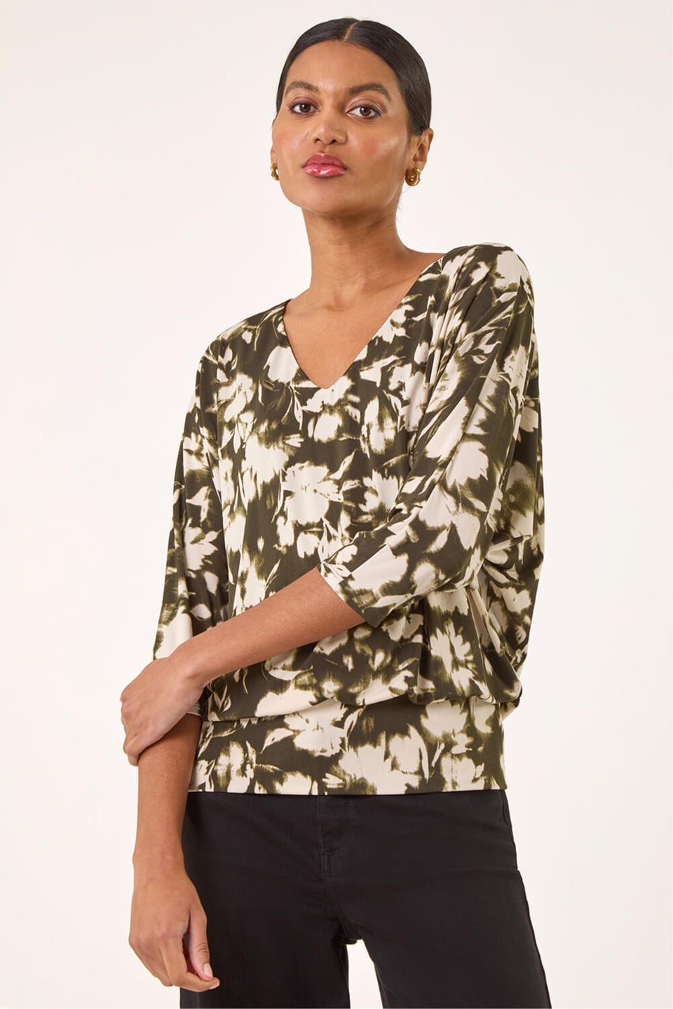 Roman Khaki Floral Print Bubble Hem Top