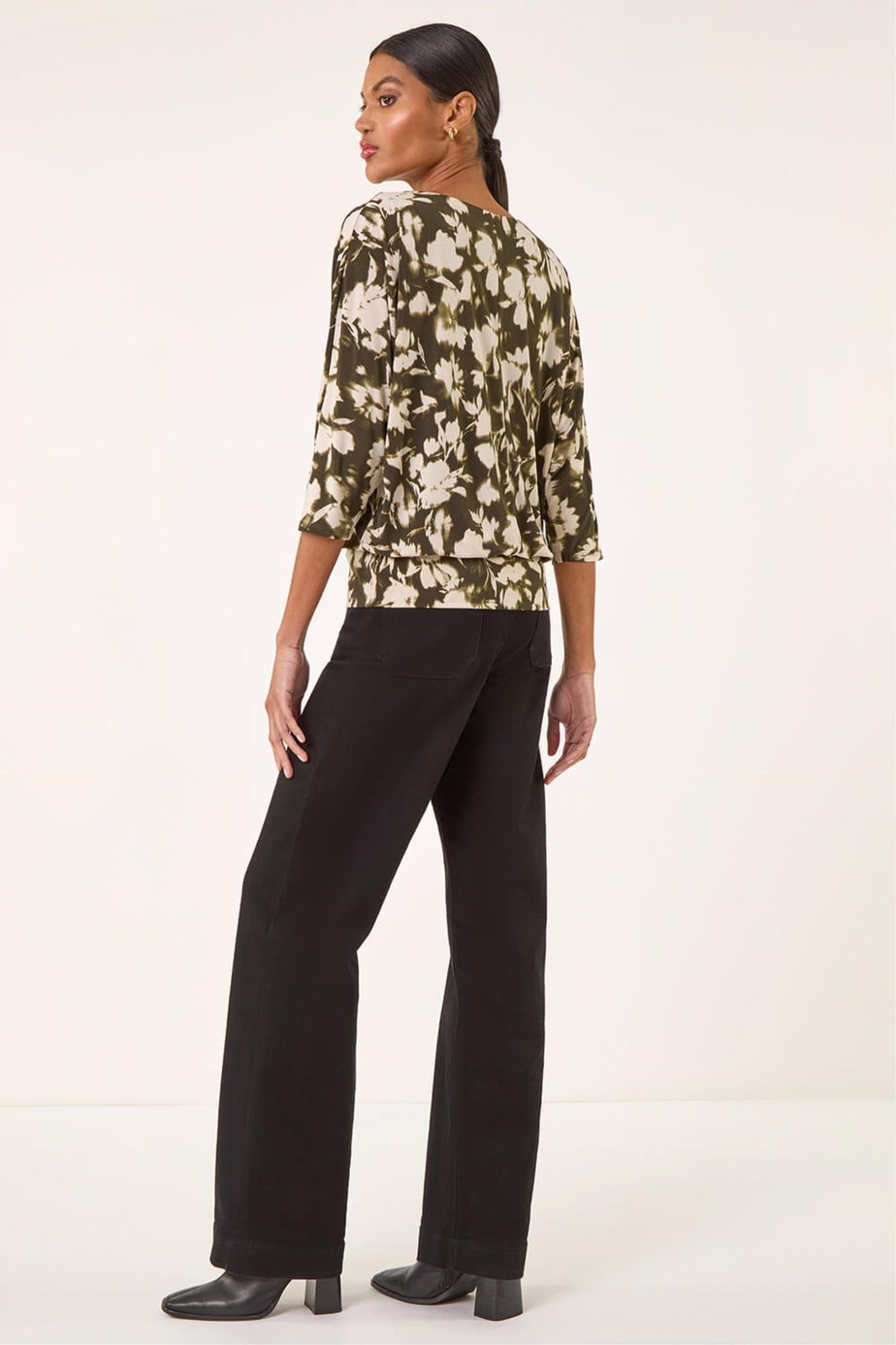 Roman Khaki Floral Print Bubble Hem Top