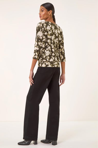 Roman Khaki Floral Print Bubble Hem Top
