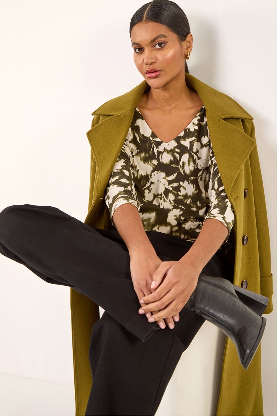 Roman Khaki Floral Print Bubble Hem Top