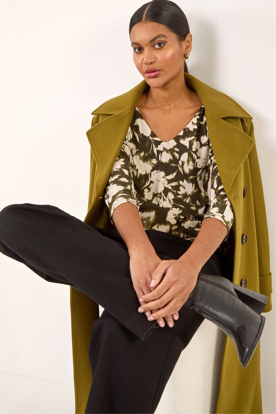 Roman Khaki Floral Print Bubble Hem Top