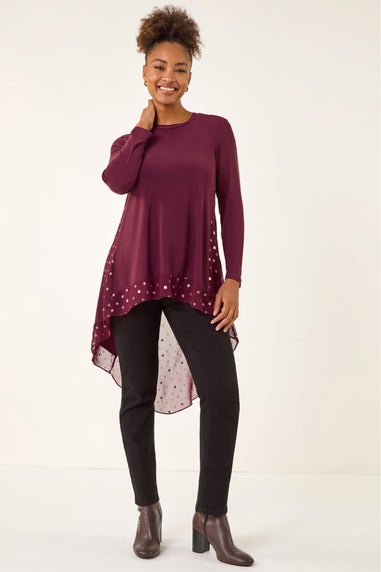 Roman Burgundy Foil Spot Print Chiffon Hem Top
