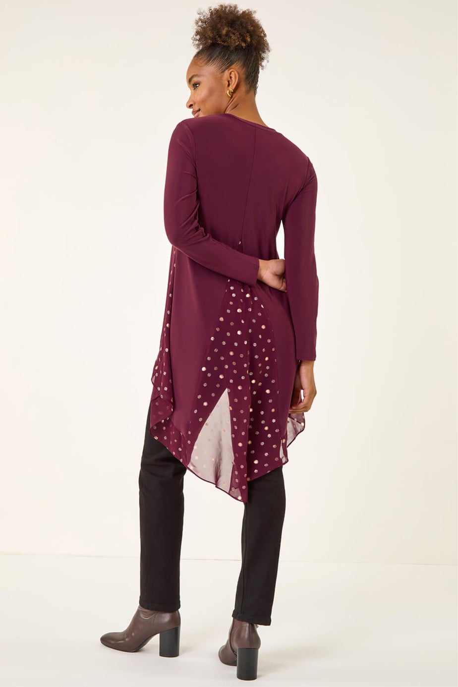 Roman Burgundy Foil Spot Print Chiffon Hem Top