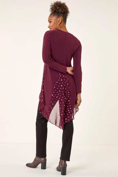Roman Burgundy Foil Spot Print Chiffon Hem Top