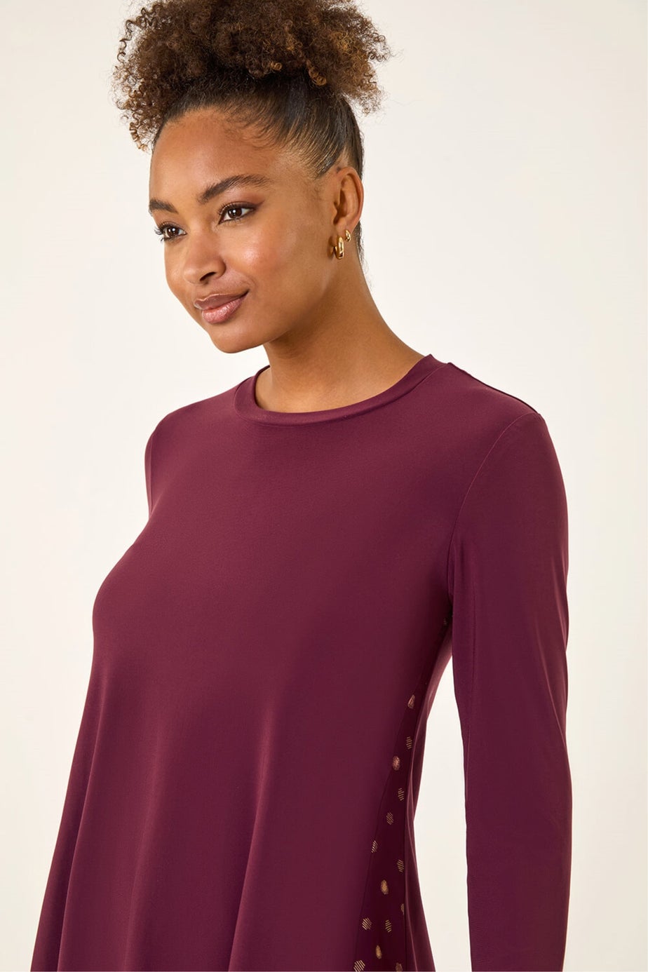 Roman Burgundy Foil Spot Print Chiffon Hem Top