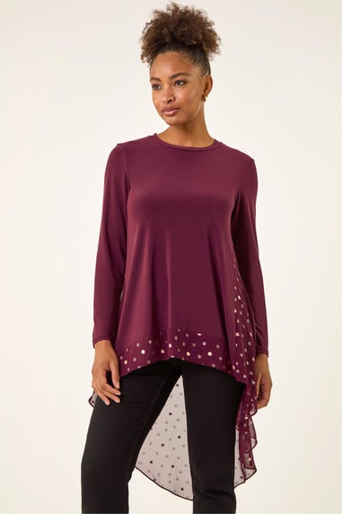 Roman Burgundy Foil Spot Print Chiffon Hem Top