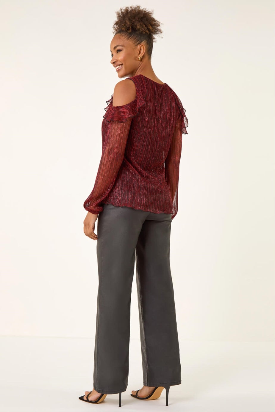 Roman Red Shimmer Plisse Cold Shoulder Top