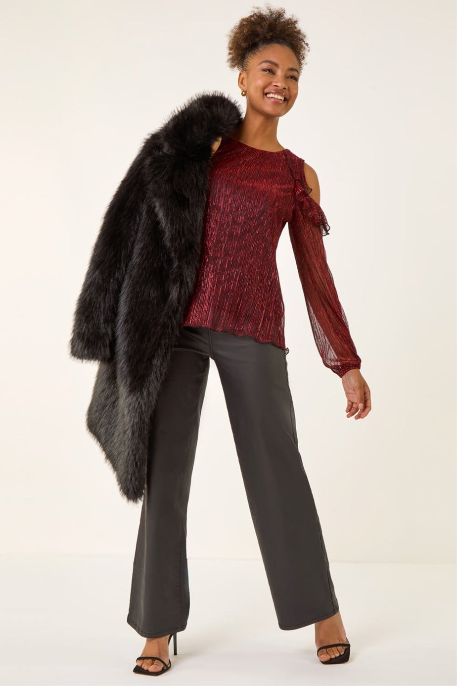 Roman Red Shimmer Plisse Cold Shoulder Top