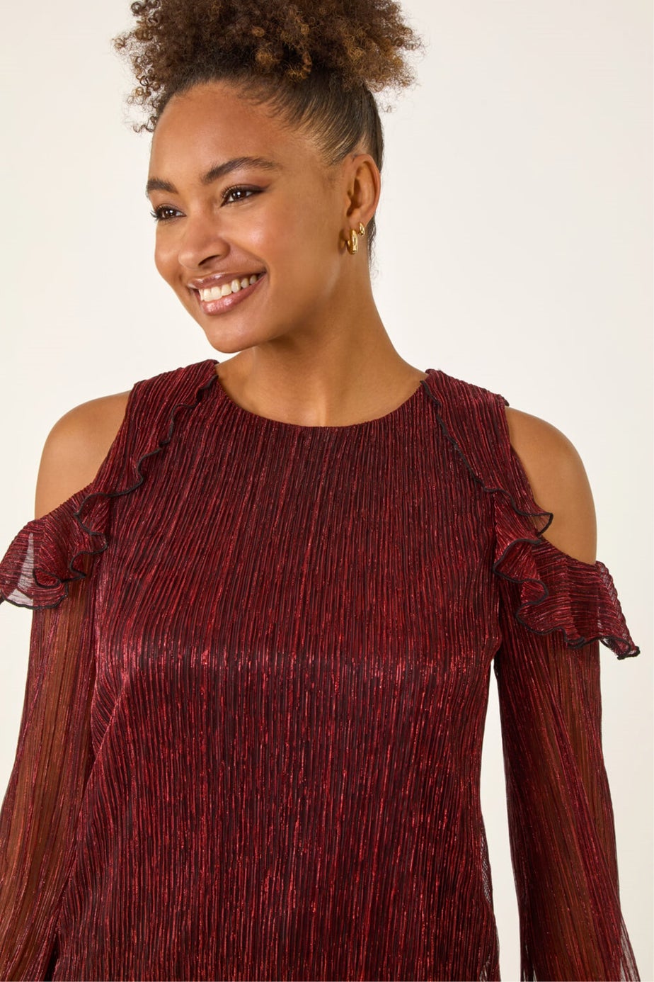 Roman Red Shimmer Plisse Cold Shoulder Top