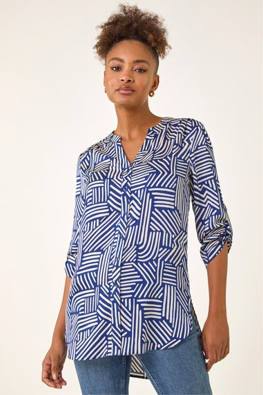 Roman Navy Geo Mono Print Buttoned Blouse