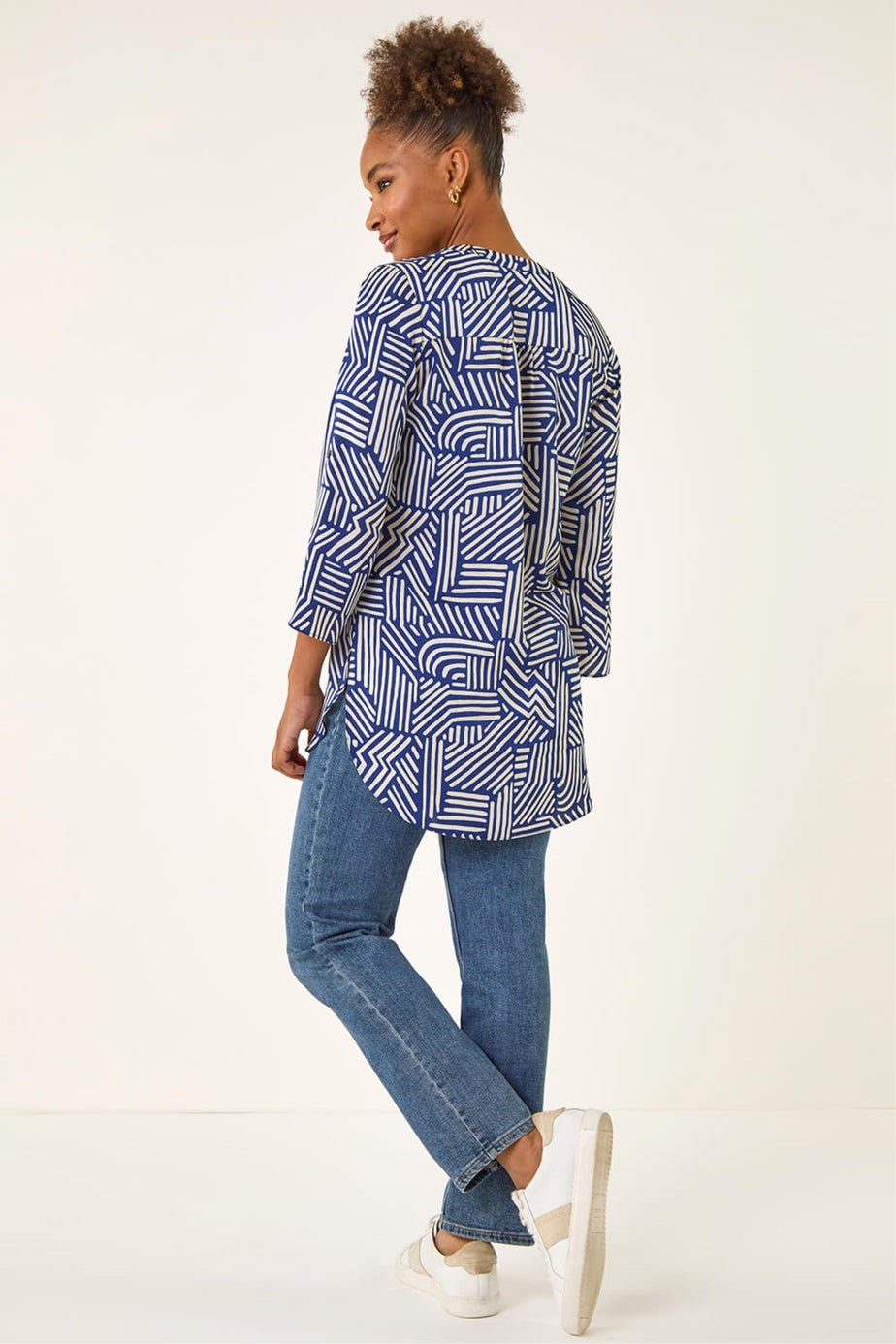 Roman Navy Geo Mono Print Buttoned Blouse