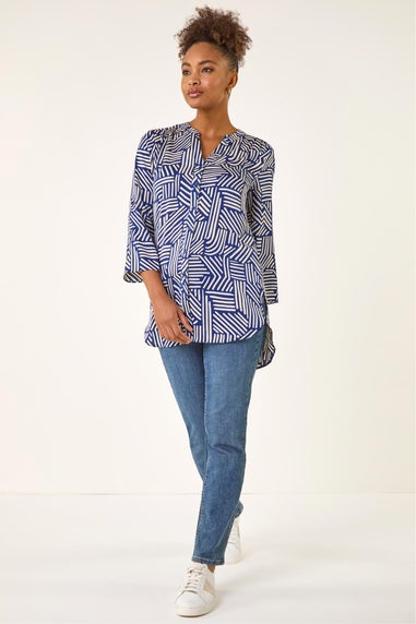 Roman Navy Geo Mono Print Buttoned Blouse