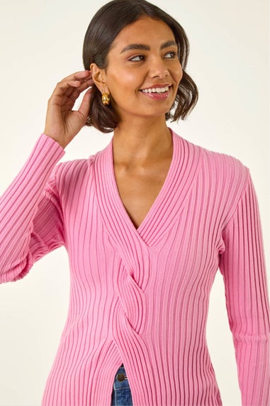 Roman Pink Cable Split Detail Rib Jumper