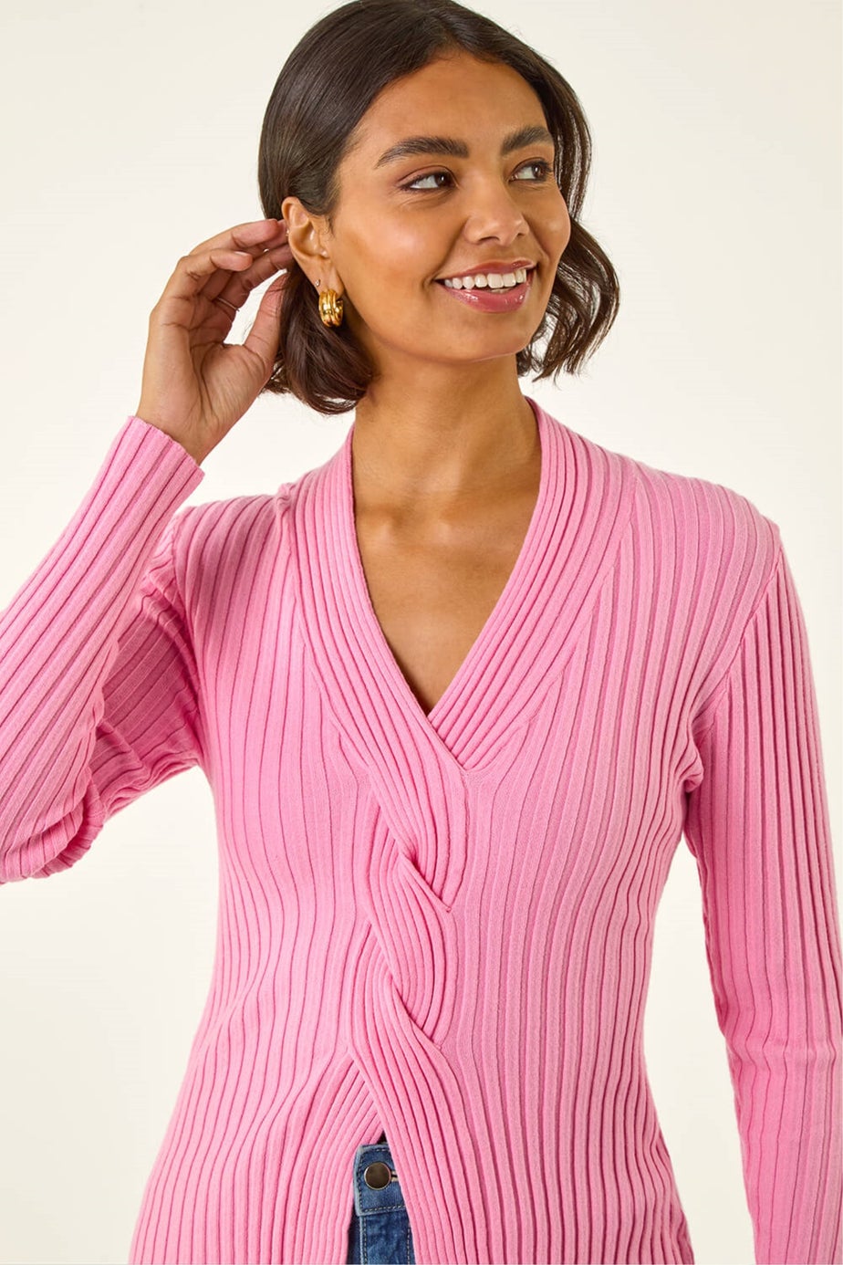 Roman Pink Cable Split Detail Rib Jumper