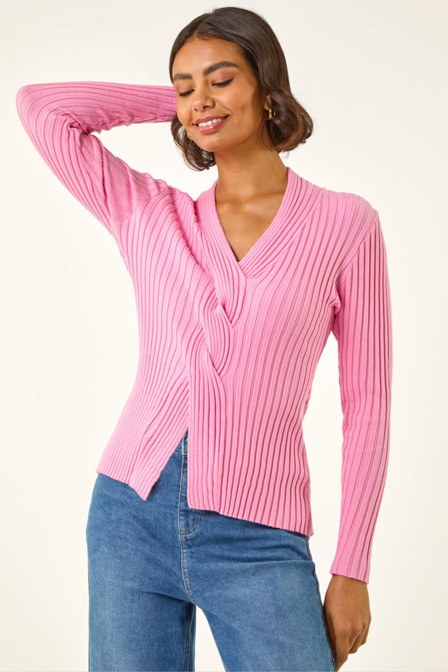 Roman Pink Cable Split Detail Rib Jumper