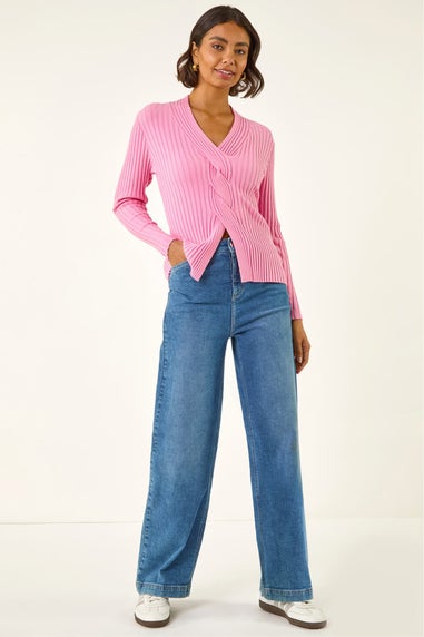 Roman Pink Cable Split Detail Rib Jumper