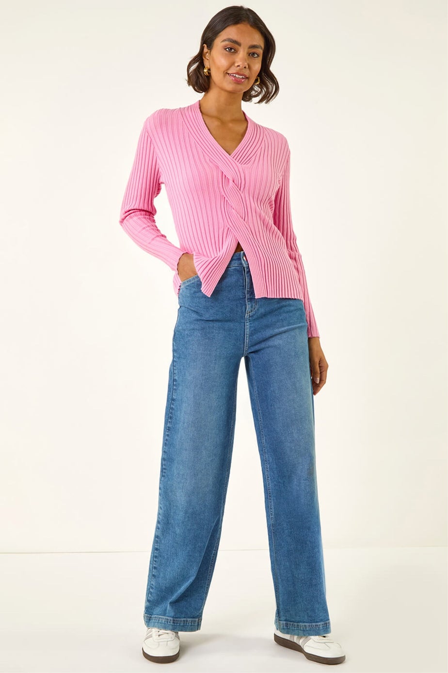 Roman Pink Cable Split Detail Rib Jumper