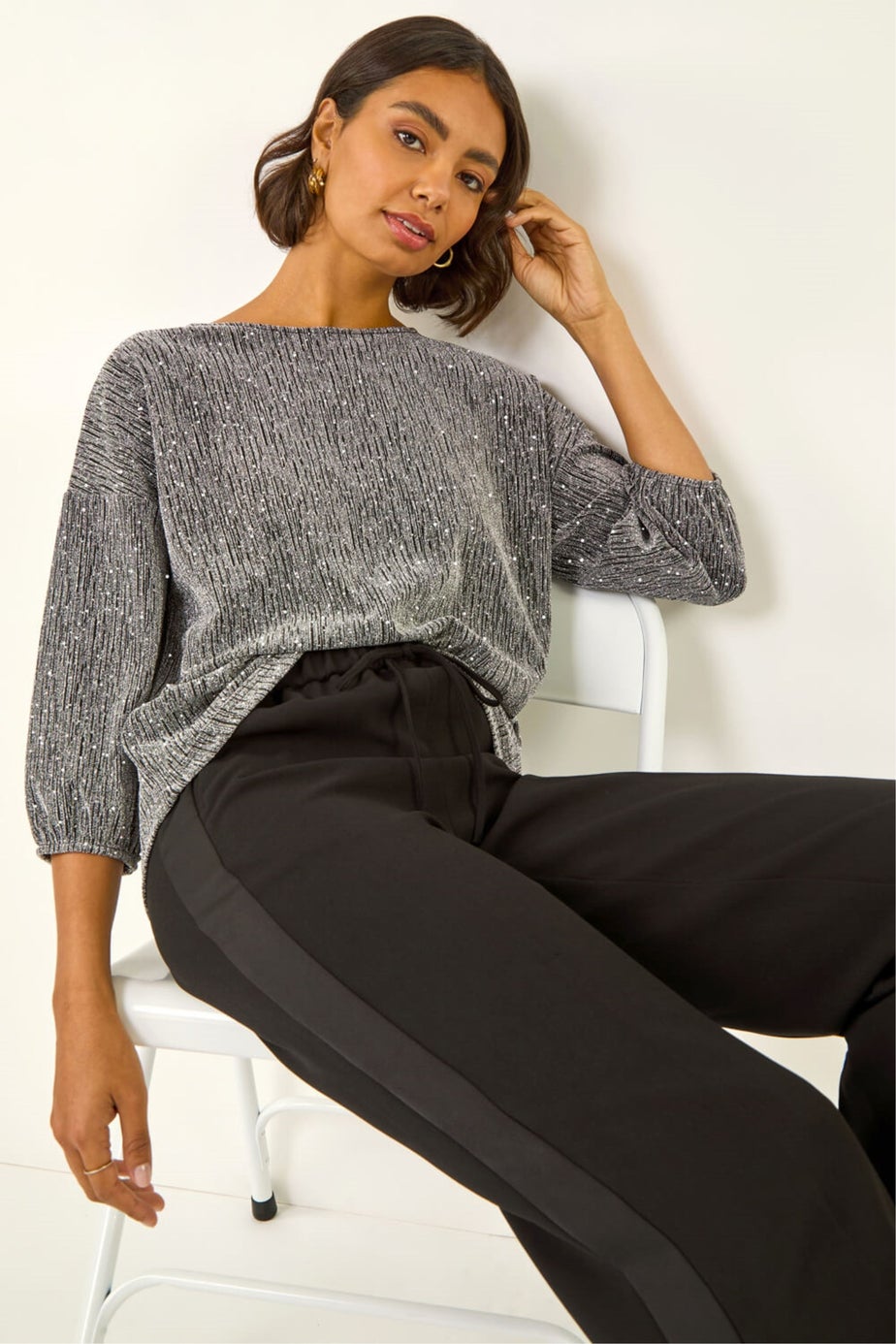 Roman Silver Metallic Textured Stretch Top