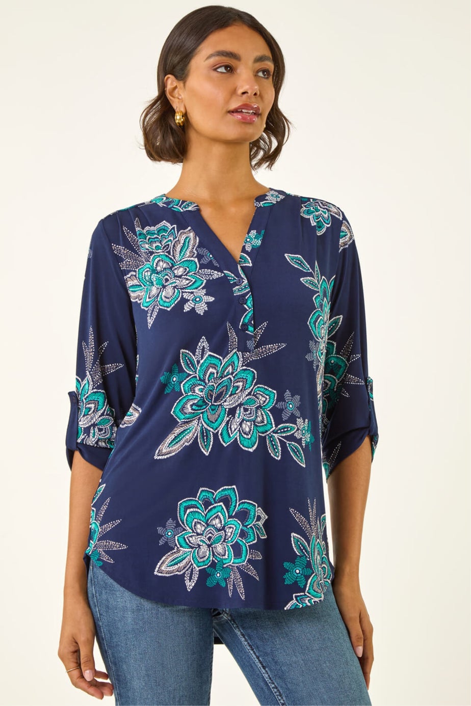 Roman Turquoise Floral Puff Print Stretch Shirt