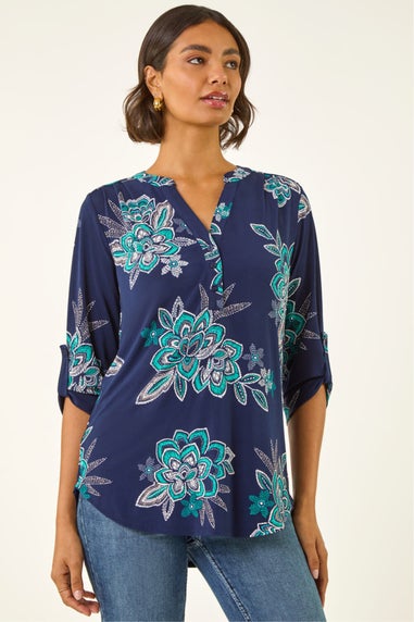 Roman Turquoise Floral Puff Print Stretch Shirt