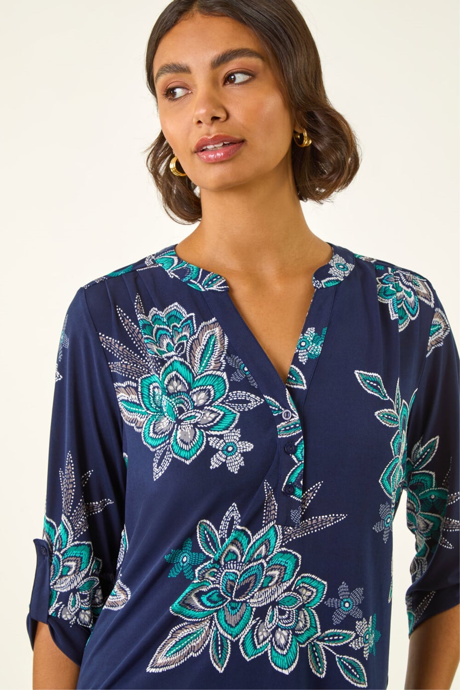 Roman Turquoise Floral Puff Print Stretch Shirt