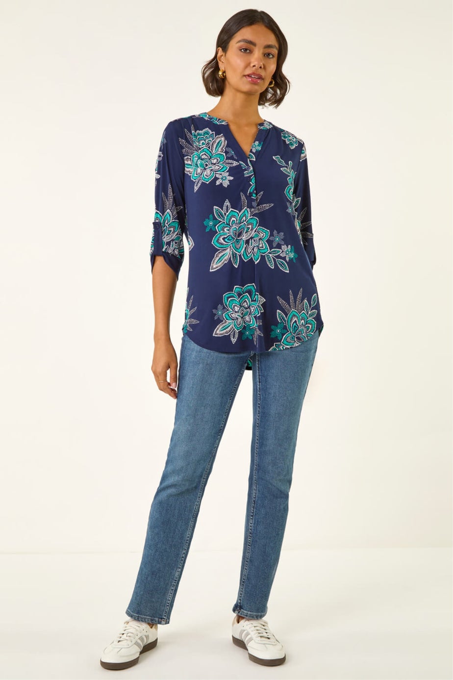 Roman Turquoise Floral Puff Print Stretch Shirt