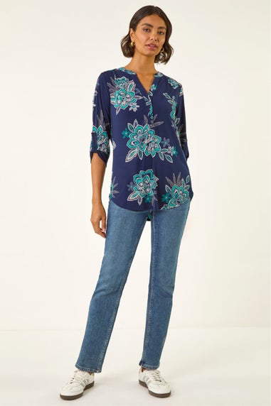 Roman Turquoise Floral Puff Print Stretch Shirt