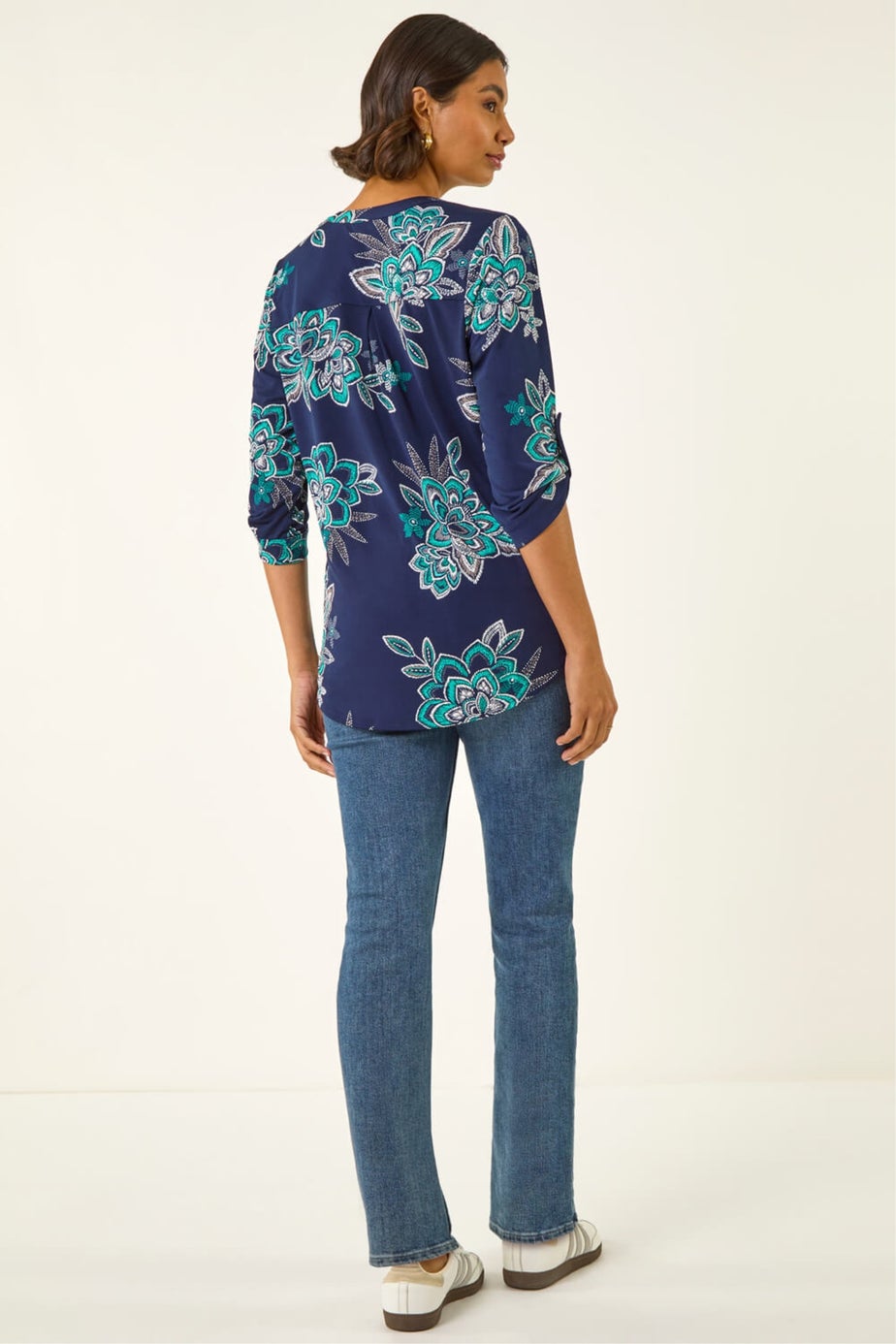 Roman Turquoise Floral Puff Print Stretch Shirt