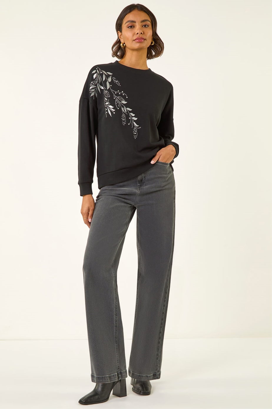 Roman Black Placement Print Jersey Stretch Top