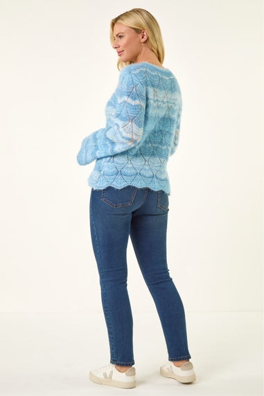 Roman Blue Petite Space Dye Pointelle Knit Jumper