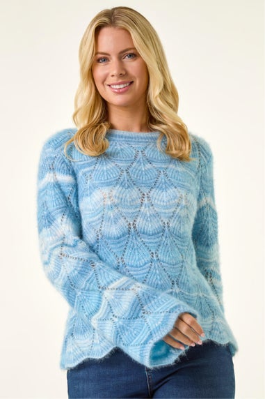 Roman Blue Petite Space Dye Pointelle Knit Jumper