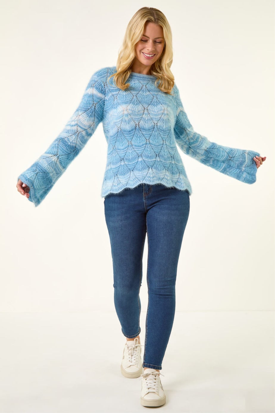 Roman Blue Petite Space Dye Pointelle Knit Jumper