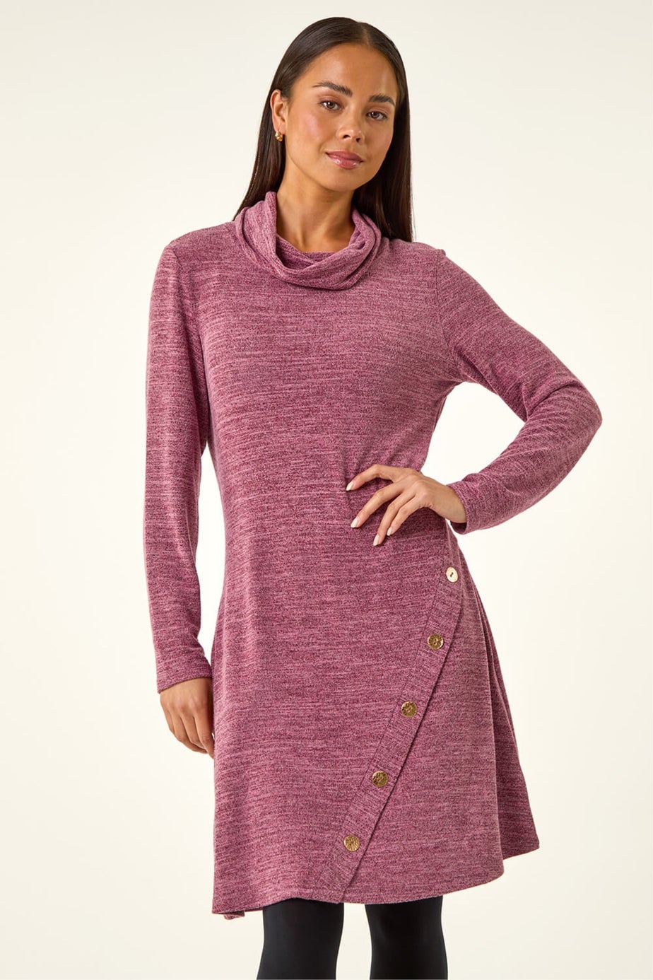 Roman Wine Petite Soft Marl Buttoned Cowl Neck Dress