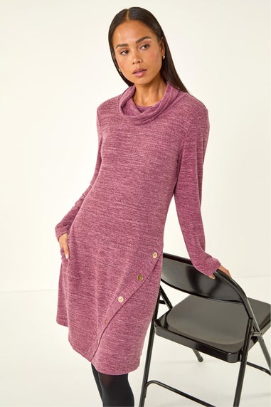 Roman Wine Petite Soft Marl Buttoned Cowl Neck Dress