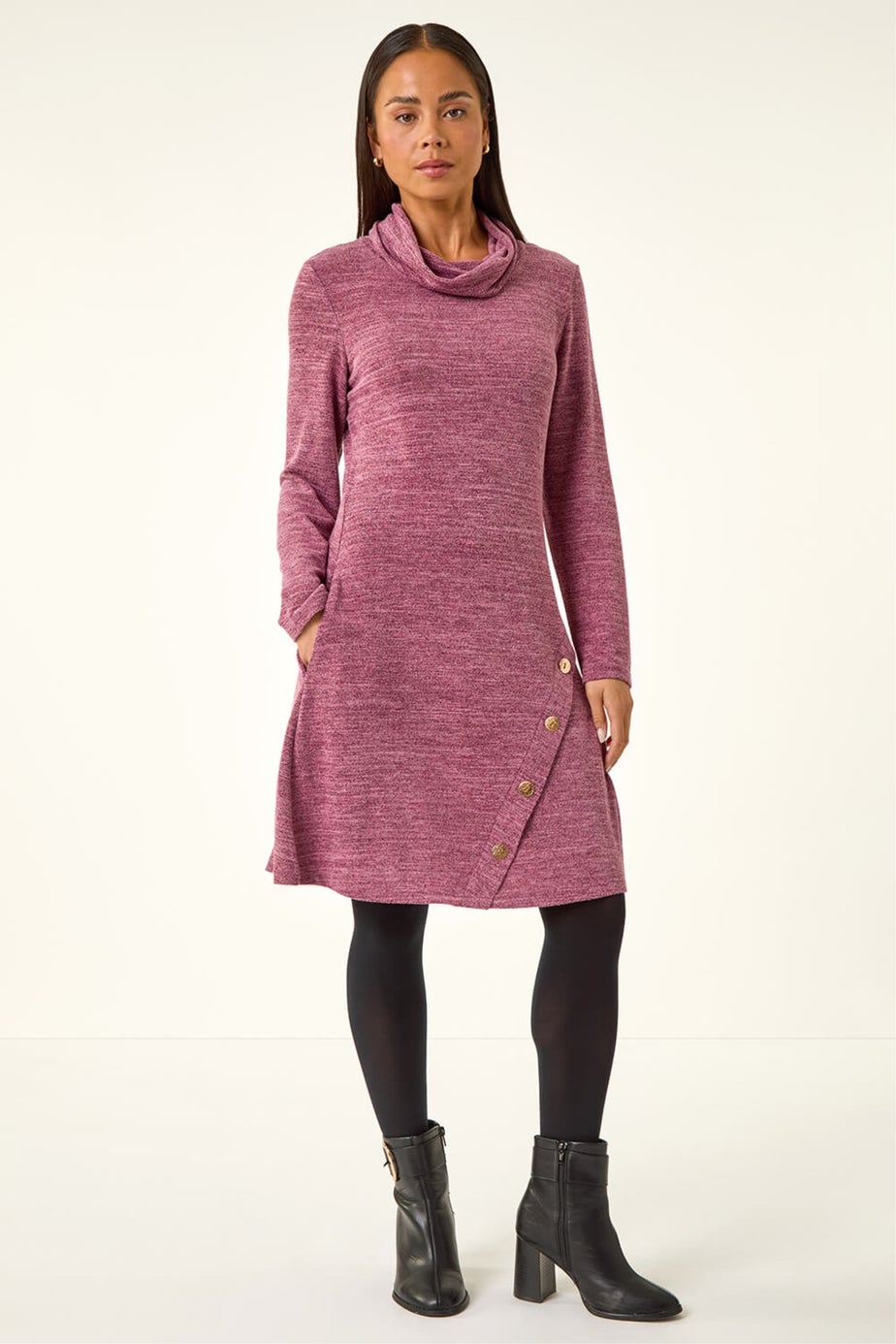Roman Wine Petite Soft Marl Buttoned Cowl Neck Dress
