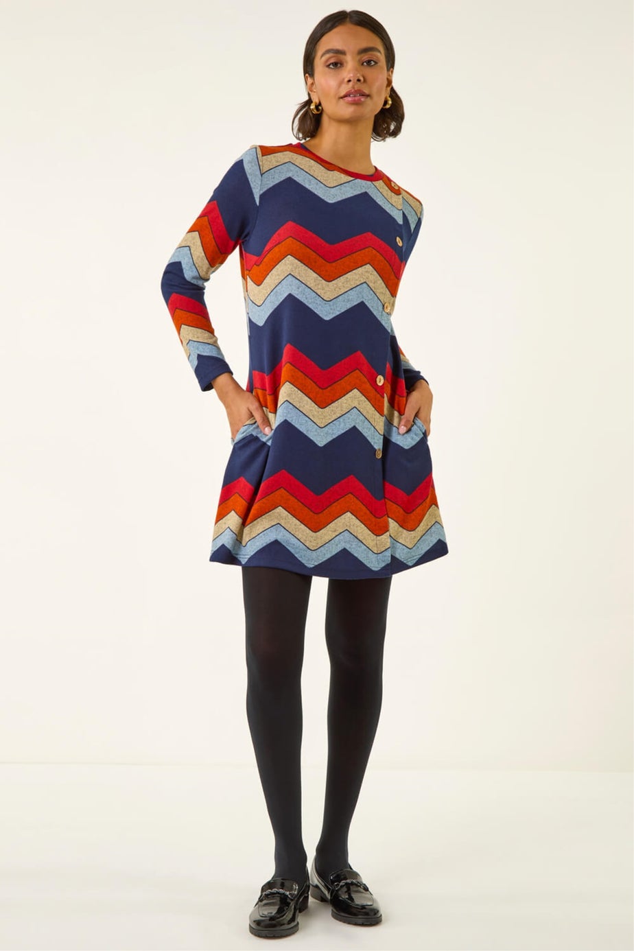 Roman Orange Zig Zag Side Button Dress