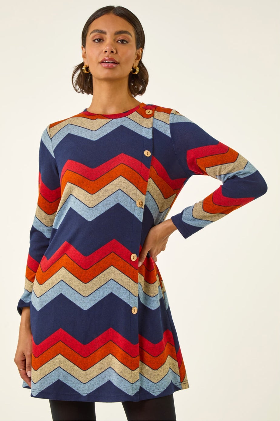 Roman Orange Zig Zag Side Button Dress