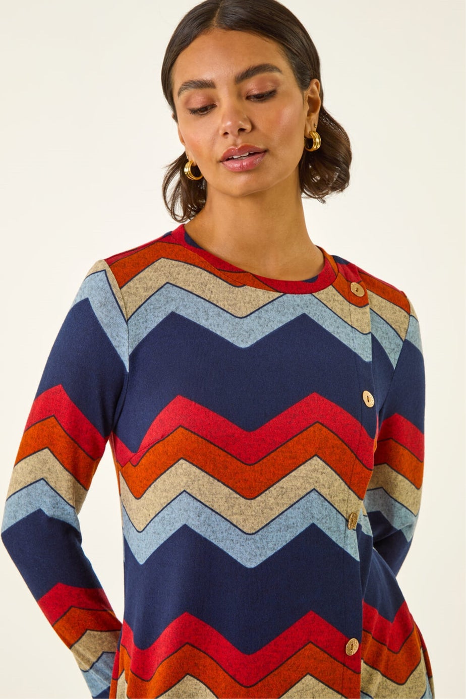 Roman Orange Zig Zag Side Button Dress