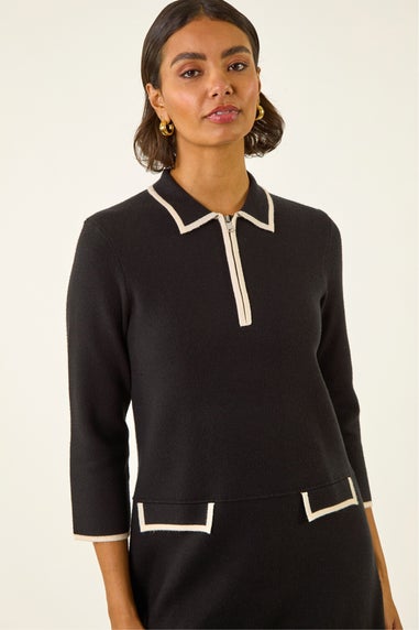 Roman Black Contrast Zip Collared Knit Dress
