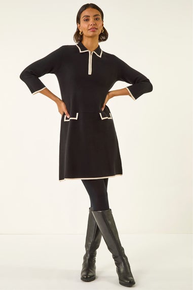 Roman Black Contrast Zip Collared Knit Dress