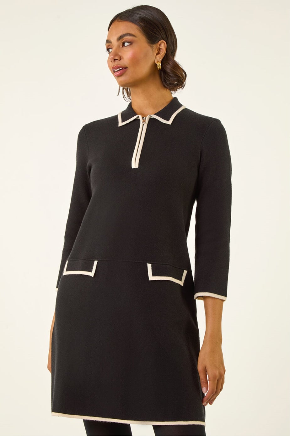 Roman Black Contrast Zip Collared Knit Dress