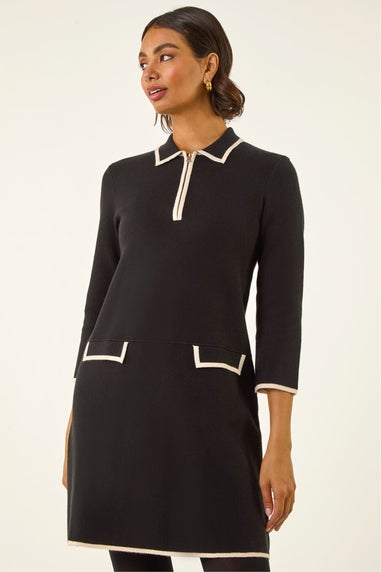 Roman Black Contrast Zip Collared Knit Dress