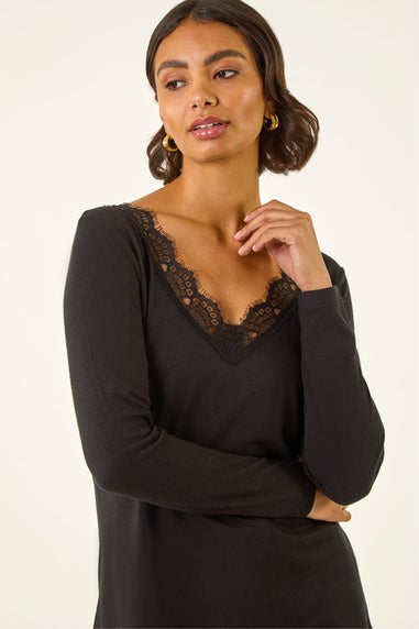 Roman Black Lace V-Neck Stretch Top