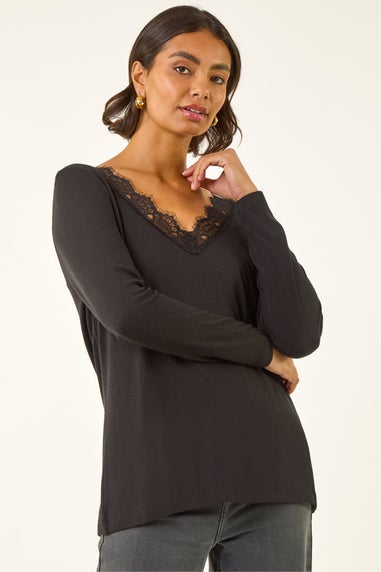 Roman Black Lace V-Neck Stretch Top
