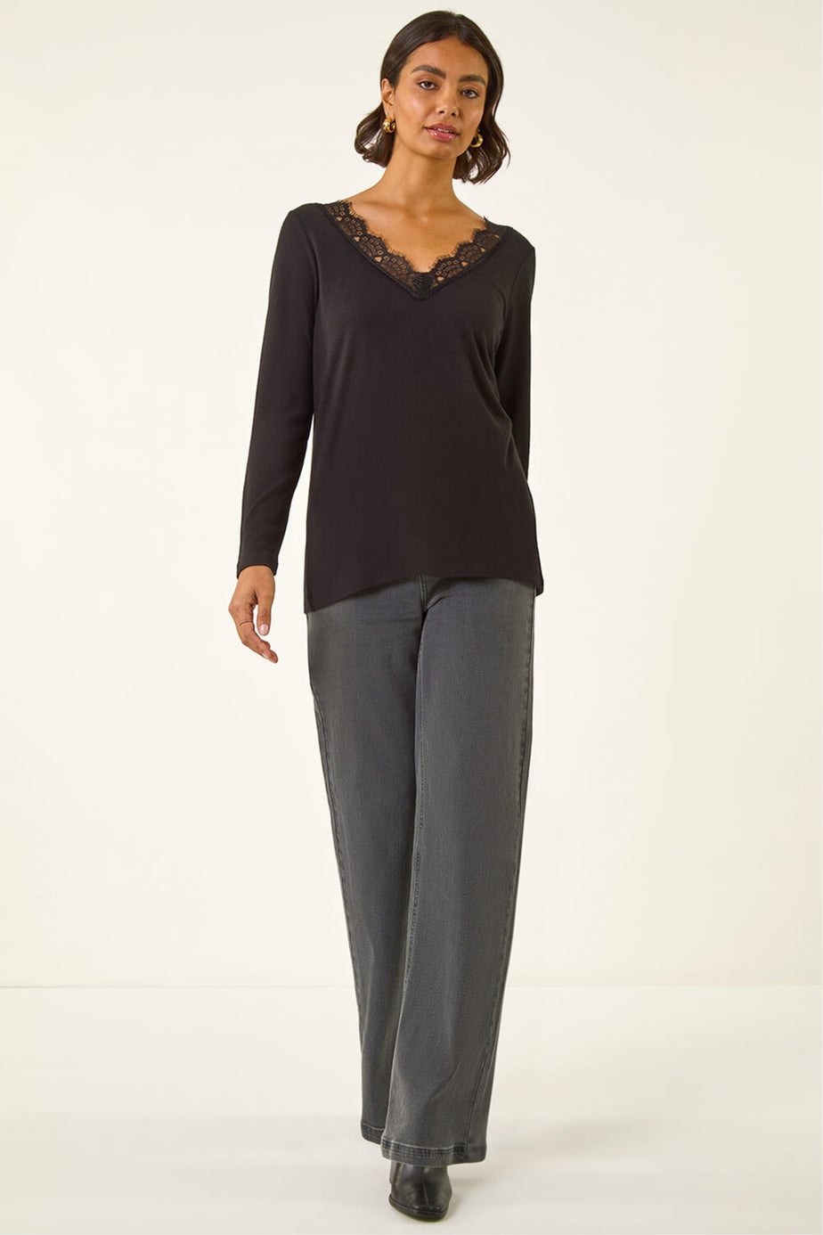 Roman Black Lace V-Neck Stretch Top