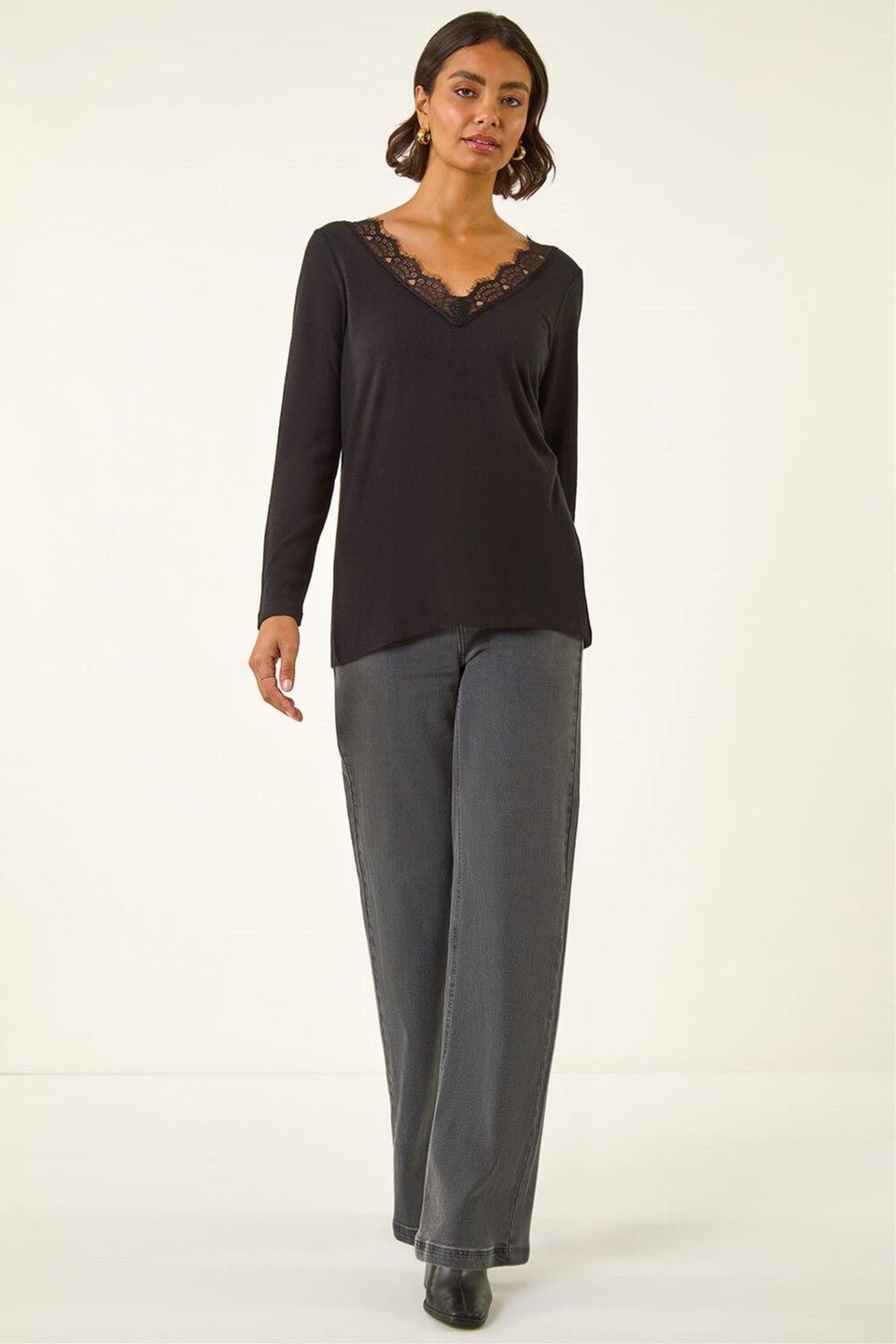 Roman Black Lace V-Neck Stretch Top