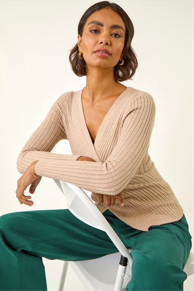 Roman Stone Ribbed Wrap Front Knit Top
