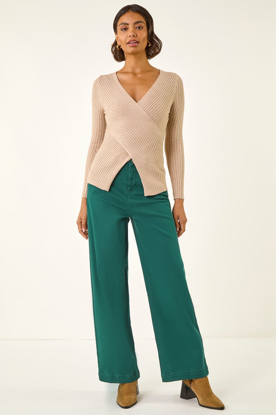 Roman Stone Ribbed Wrap Front Knit Top