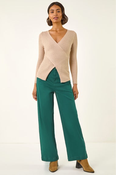 Roman Stone Ribbed Wrap Front Knit Top